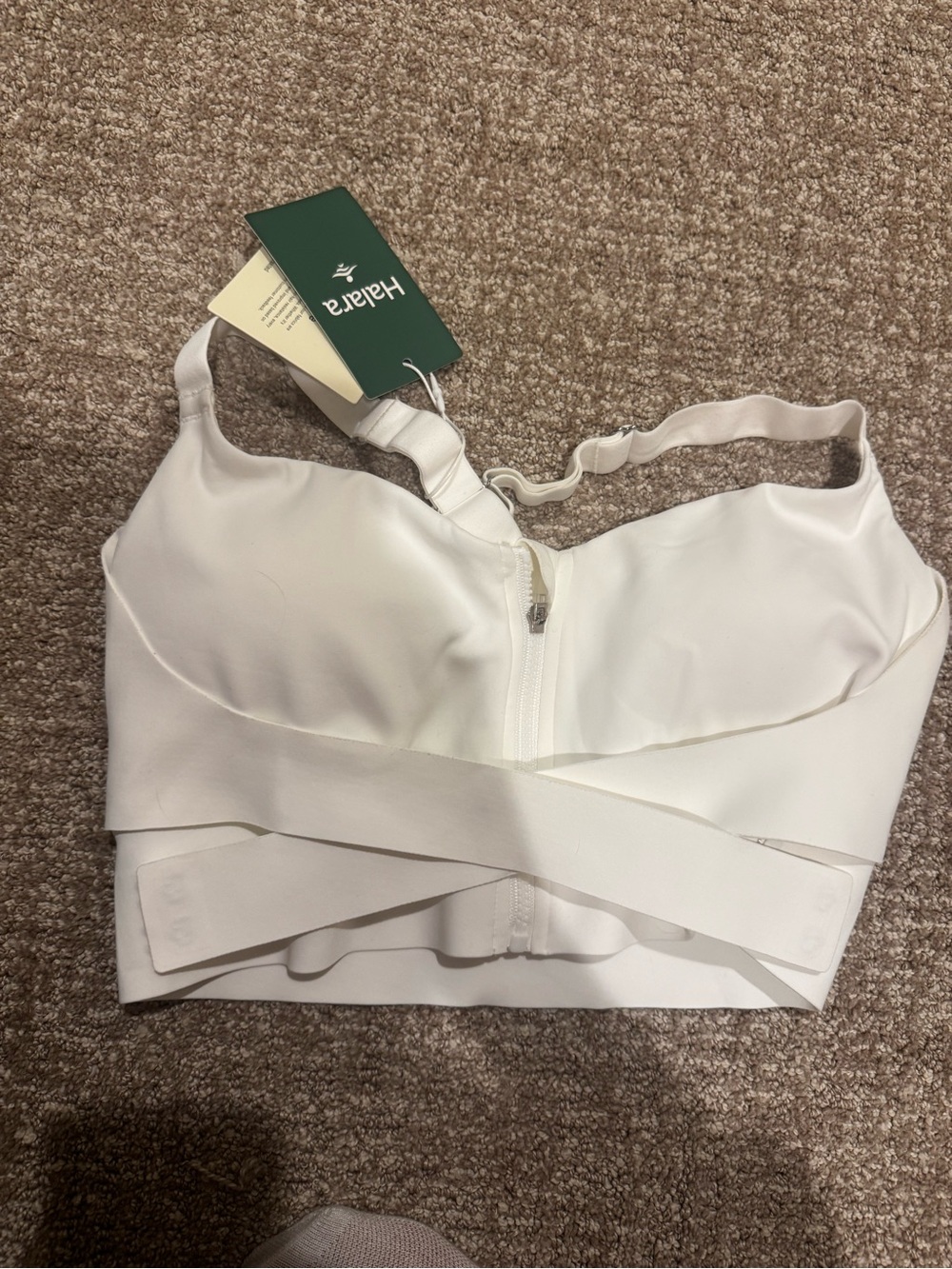 HALARA White Front Zip Crisscross Sports Bra
